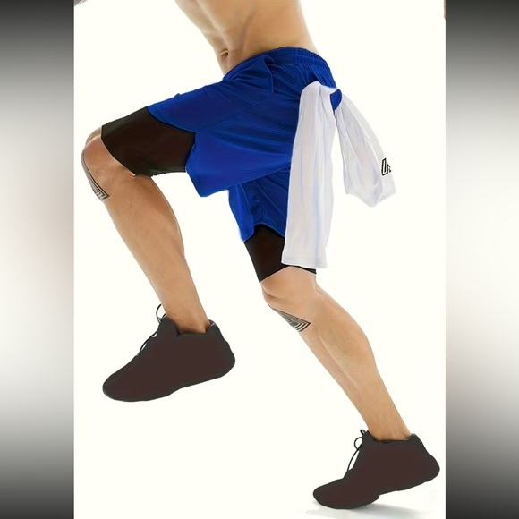 Men double layer gym workout shorts with inner pocket - Picture 12 of 16
